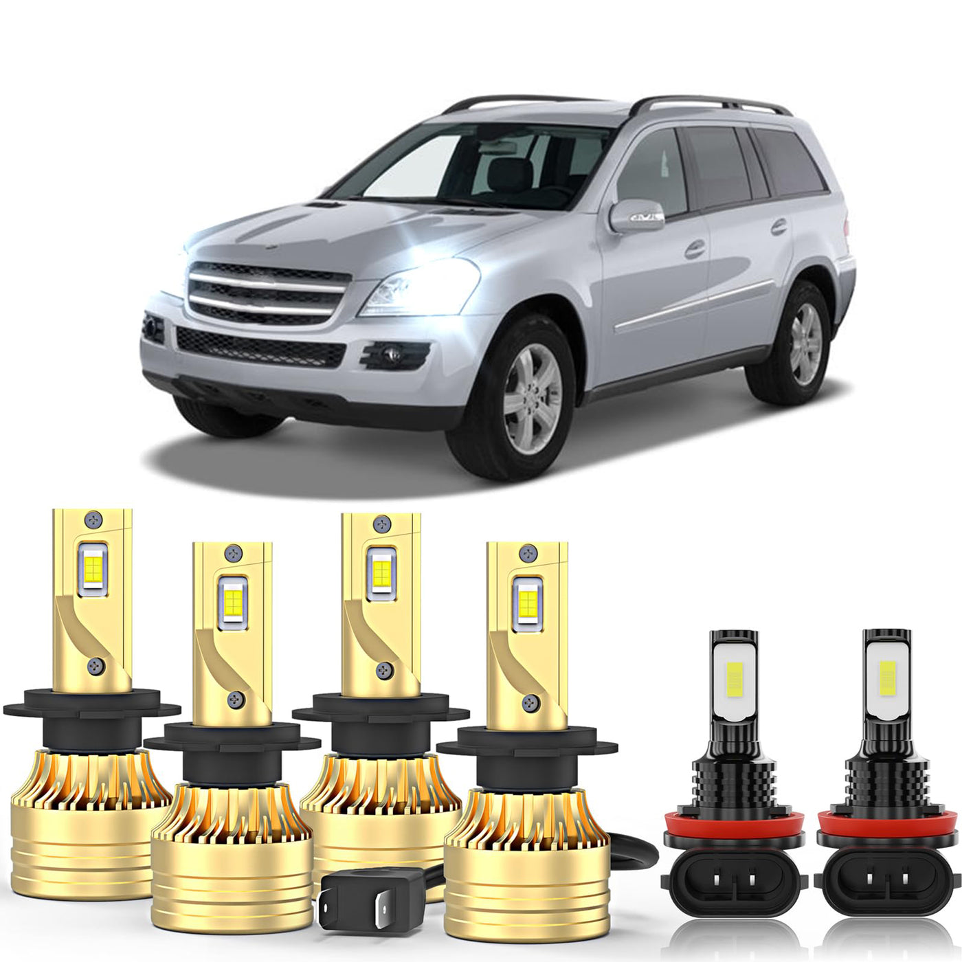 Compatible For Mercedes Benz GL450 2007-2012 LED Light Bulbs, 4PCS H7 High/Low Beam + 2 PCS H8 Fog Lights, Pack of 6
