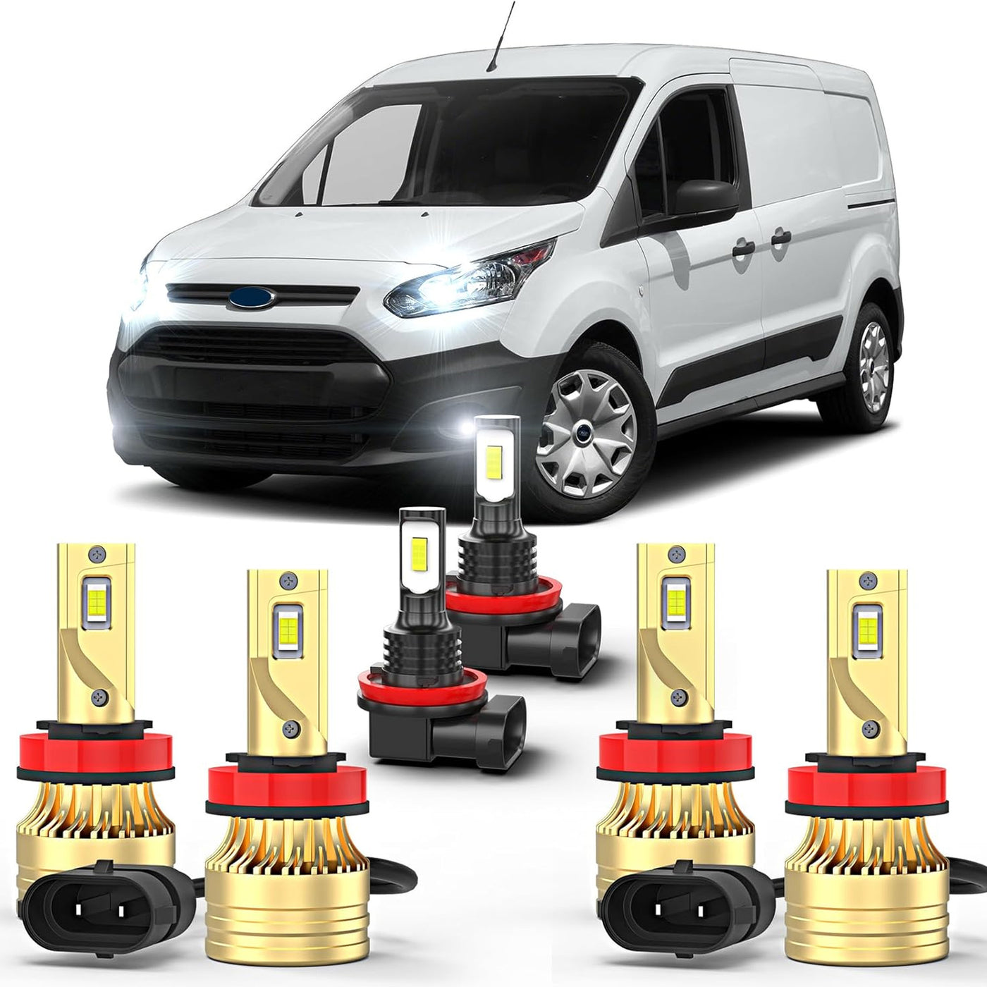 Fit For Ford Transit Connect 2014-2019 LED Bulb,4PCS H11 Hi/Lo Beam lights + 2PCS H11 Fog Light Bulbs, Pack of 6