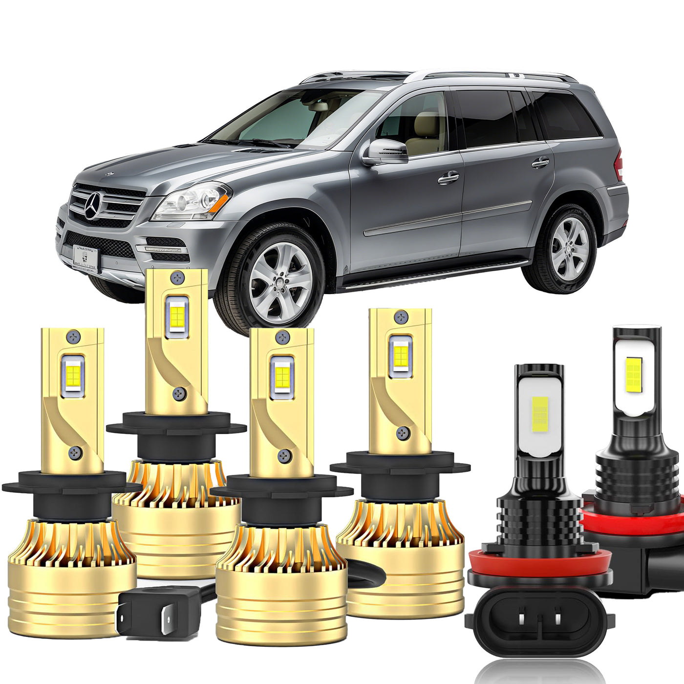 For Mercedes Benz GL450 2007-2012 LED Light Bulbs, 4PCS H7 High/Low Beams+2PCS H8 LED Fog Light Bulbs, Pack of 6