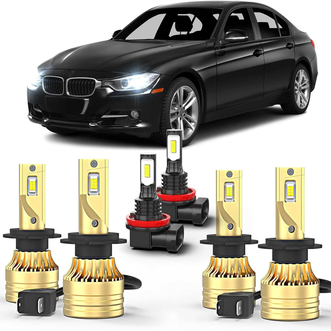 For BMW 328i 2007-2016 LED Light Bulbs, 4PCS H7 High/Low Beams+2PCS H11 LED Fog Light Bulbs, Pack of 6