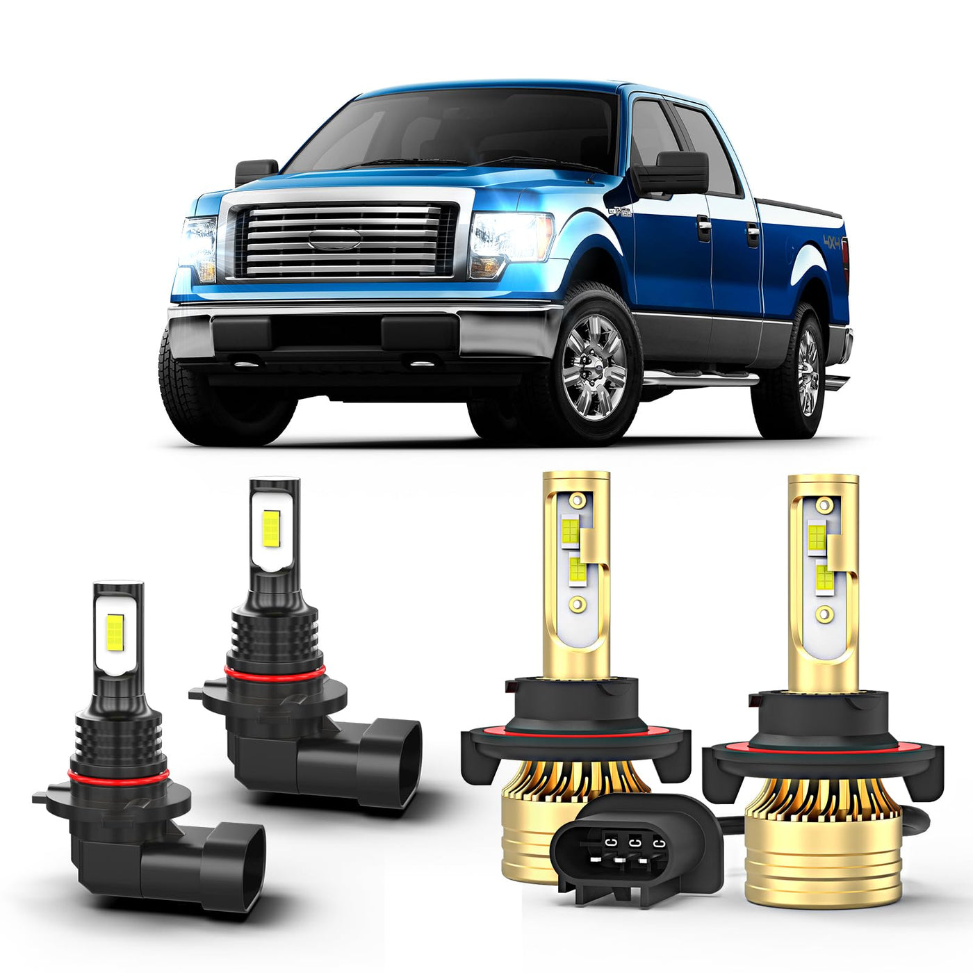For Ford F-150 2004-2014 LED light Bulbs Combo, 2PCS H13 9008 Hi/Lo beam+ 2 PCS 9006/9145 Fog Light Bulbs, Pack of 4