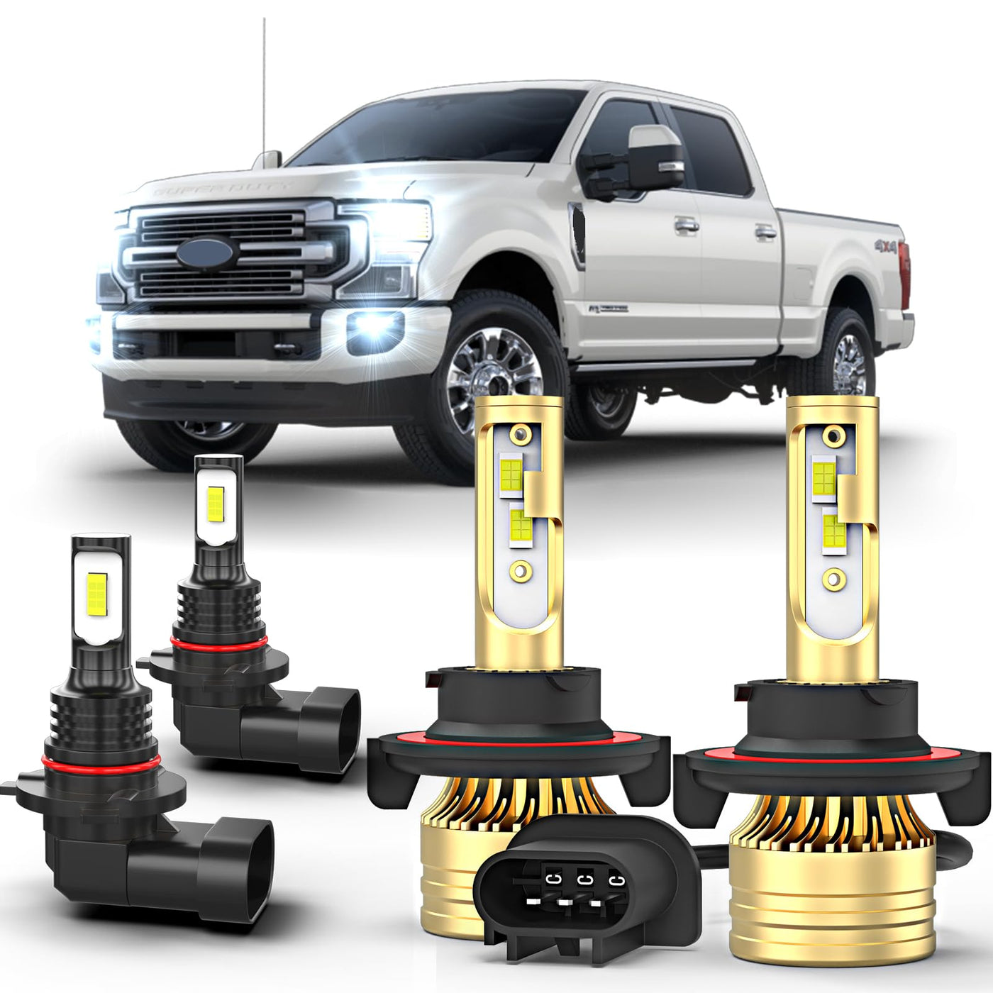 For Ford F-250 duty 2005-2021 LED Light Bulb, 2PCS H13 9008  Hi/Lo Beam+ 2 PCS 9145 Fog Light, Pack Of 4