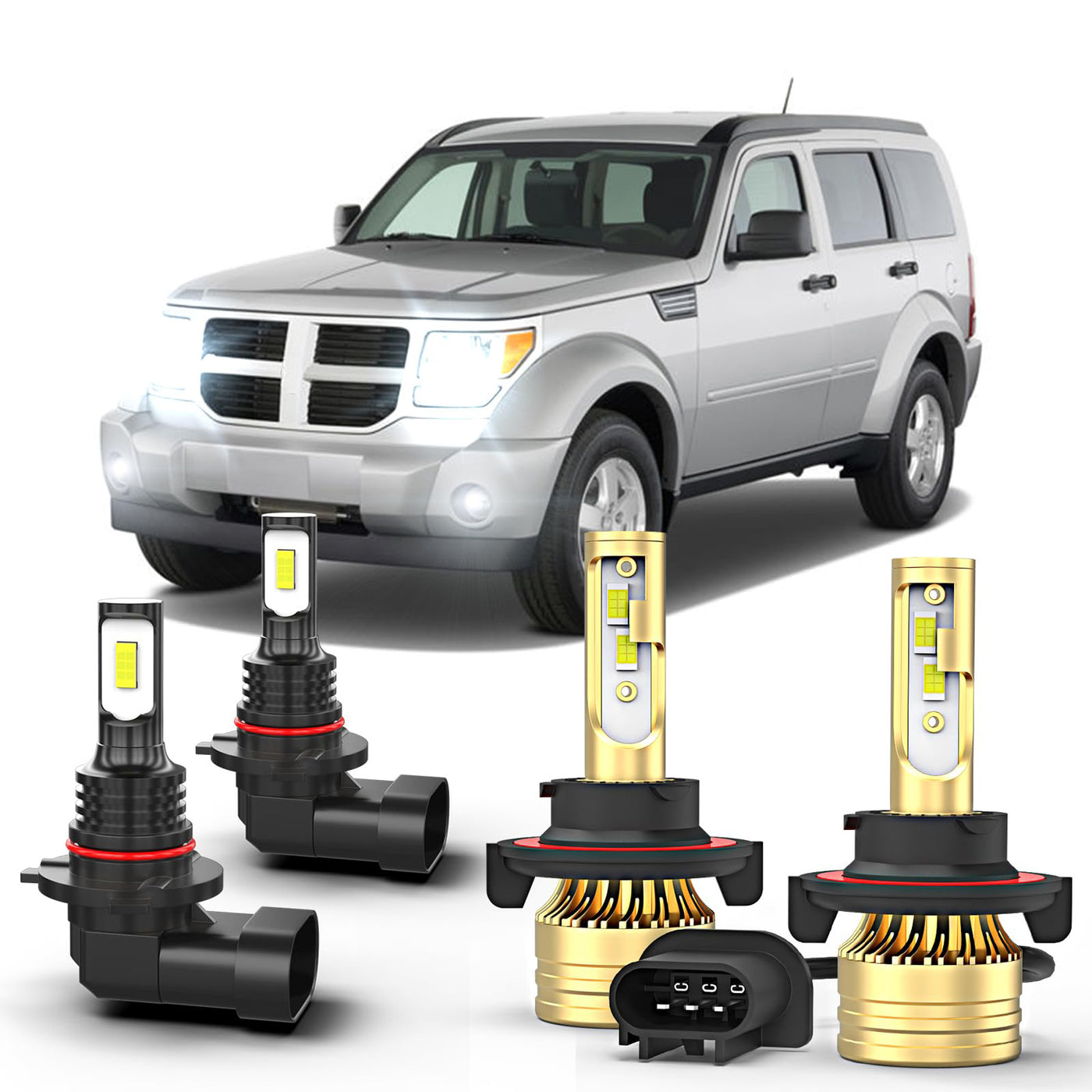 Fit for Dodge Nitro 2007-2009 Light Bulbs 2PCS 9008/H13 Hi/Lo Beam + 2PCS 9006/9145Light Bulbs ,Pack of 4